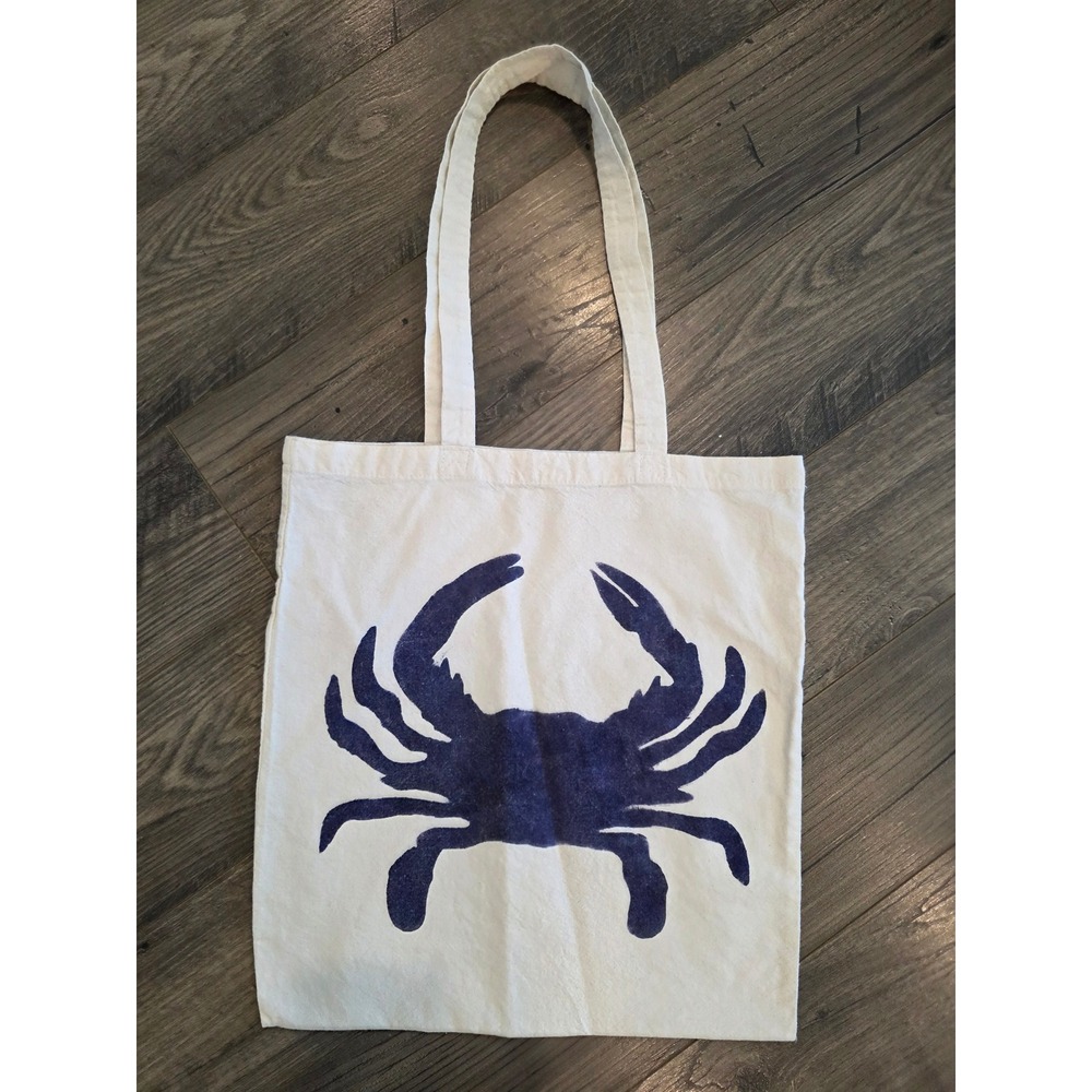Blue Crab‎ Graphic Canvas Tote Bag Cream Nautical Beach Market Bag